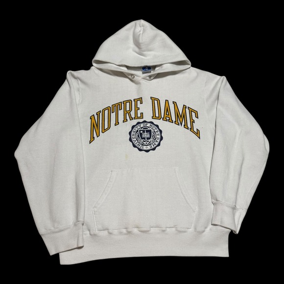 Champion Tops - Vintage 90s Notre Dame University Stained White Hoodie Sweatshirt Women's XL‎